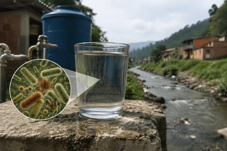 Vaso con agua aparentemente limpia en un entorno rural junto a un sistema de almacenamiento, representando la posible presencia de bacterias invisibles en el agua.