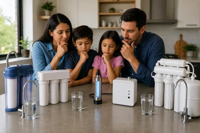 Familia evaluando diferentes sistemas de purificación de agua en una cocina, comparando opciones para elegir el más adecuado para el hogar.
