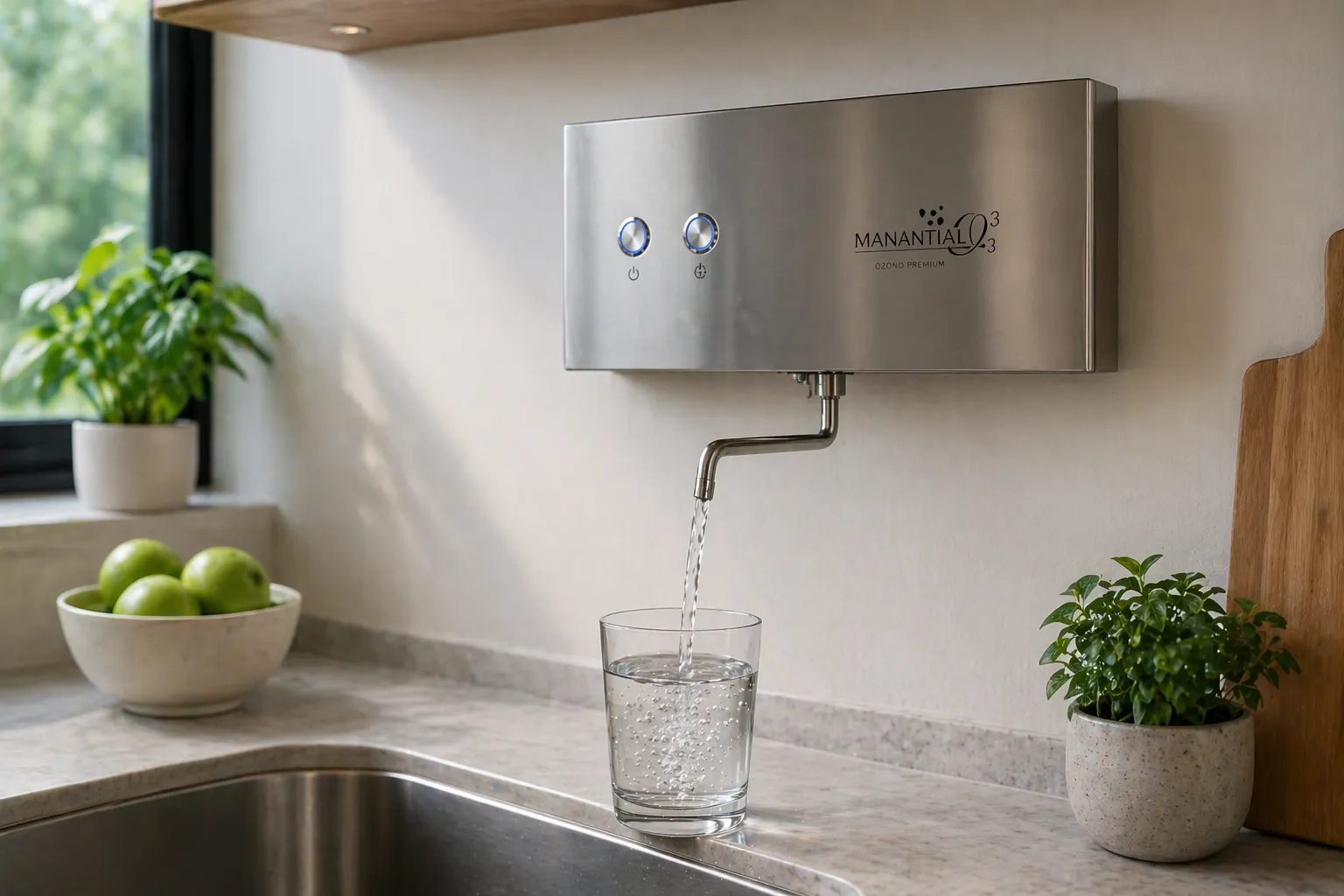 Purificador de agua con ozono instalado en cocina doméstica, dispensando agua directamente en un vaso para consumo.