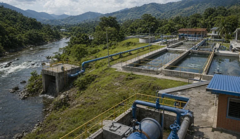 Planta de tratamiento de agua junto a un río, con infraestructura de captación y conducción en un entorno natural.