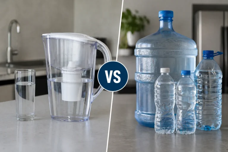 Comparación entre un filtro de agua doméstico en jarra y agua embotellada en botellones y botellas plásticas sobre una cocina.