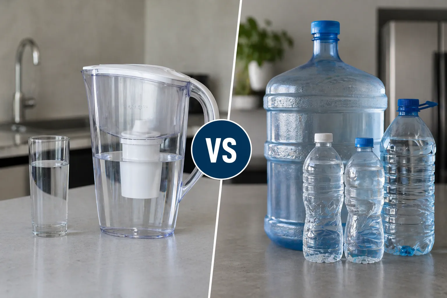 Comparación entre un filtro de agua doméstico en jarra y agua embotellada en botellones y botellas plásticas sobre una cocina.