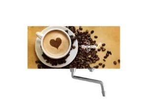 Purificador de agua a base de ozono con panel de vidrio templado con motivo de un café con un corazón y granos de café regados.
