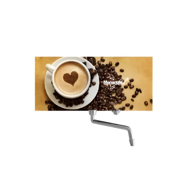 Purificador de agua a base de ozono con panel de vidrio templado con motivo de un café con un corazón y granos de café regados.